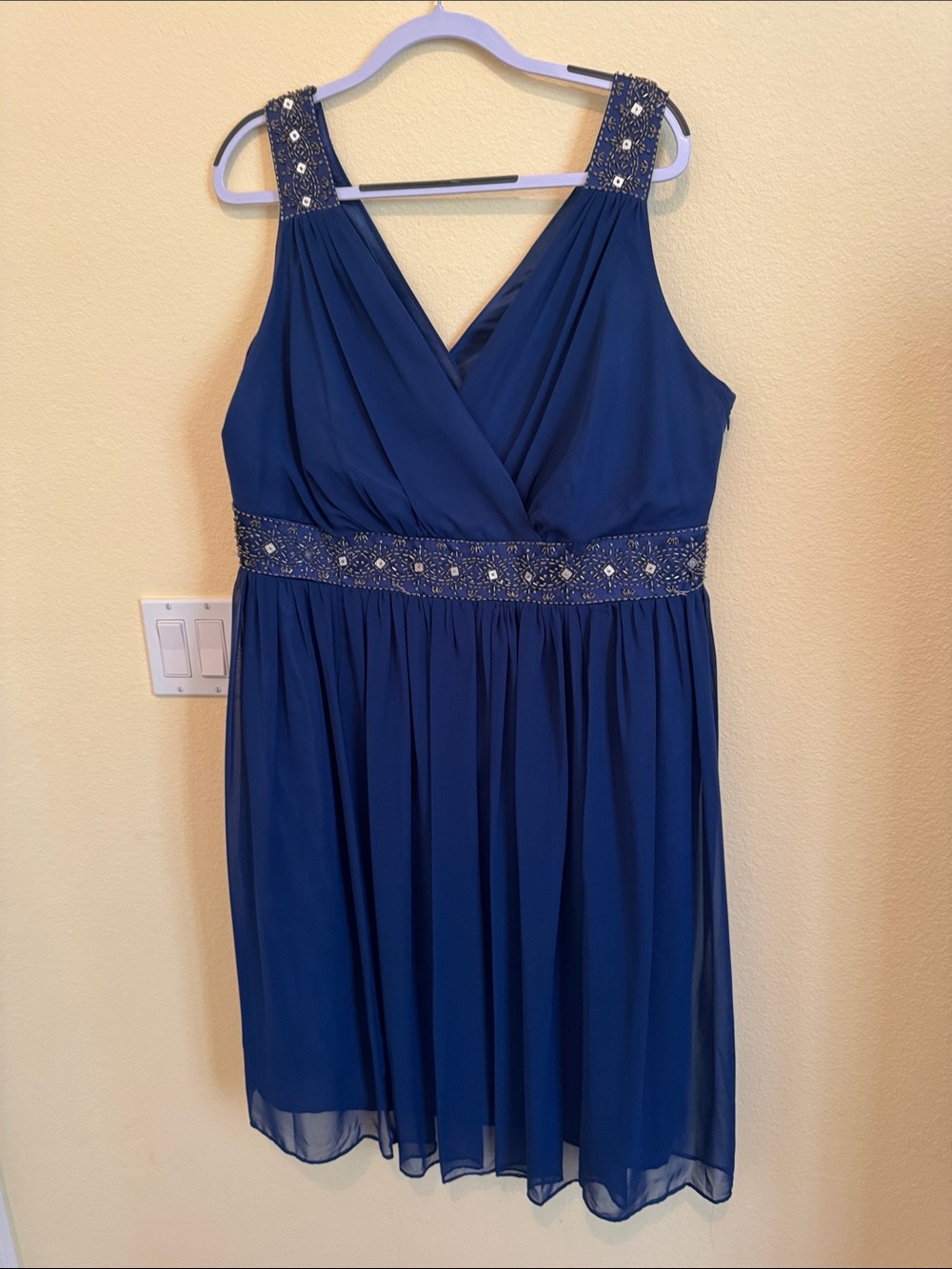 R&M Richards Cobalt Blue Beaded Shoulder Gown